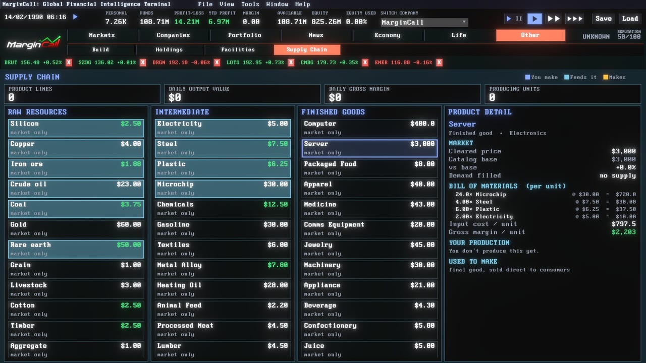 MarginCall terminal showing the live supply-chain book and commodity prices.